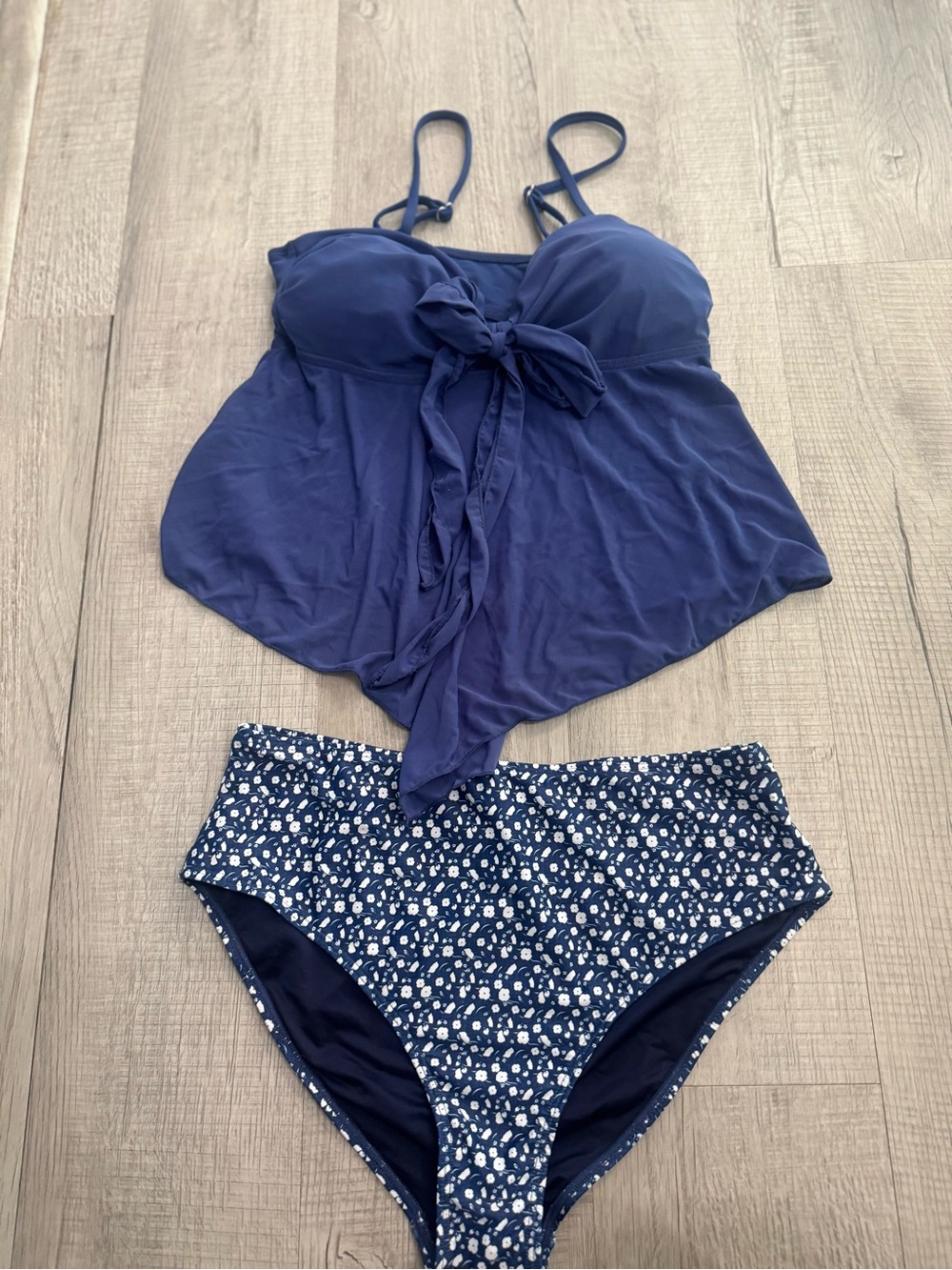 Navy Blue Two-Piece Tankini with Patterned High-Waist Bottoms
